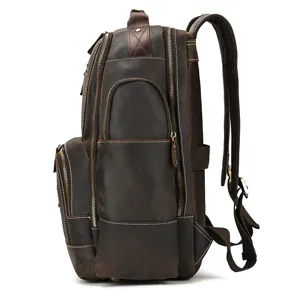 Men vintage crazy horse leather backpack, side detail view of large capacity cowhide travel bag.