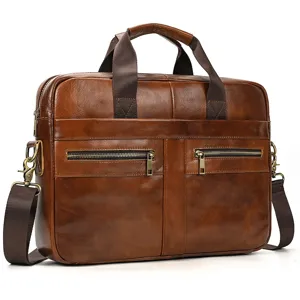 Men's genuine leather business briefcase laptop shoulder bag brown vintage messenger bag