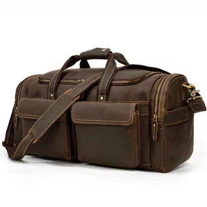 Borsa da viaggio vintage in pelle marrone dettaglio, grande capacita borsa multifunzionale.