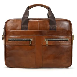 Men's genuine leather business briefcase vintage laptop bag shoulder messenger bag brown