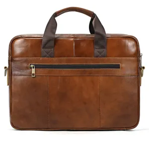 Classic men's genuine leather briefcase, premium top layer cowhide business laptop bag with handles.