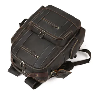 Detailed view of vintage crazy horse leather backpack, multi-pocket cowhide travel bag.