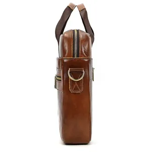 Men genuine leather briefcase business laptop bag side view brown messenger bag stylish commute