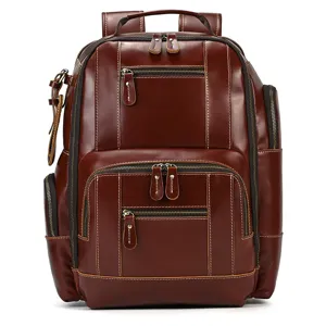Vintage genuine leather men backpack with multiple pockets and large travel capacity.
