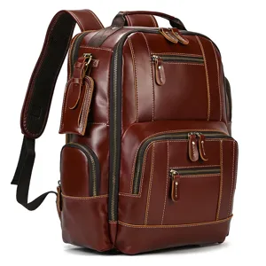 Men vintage genuine leather backpack large capacity multi-pocket travel business school bag detail