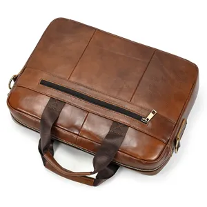 Men genuine leather business laptop briefcase stylish top handle shoulder bag detail