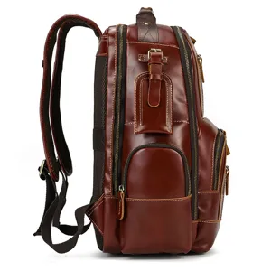 Vintage genuine leather men backpack side view, large capacity multi pocket travel cowhide bag.