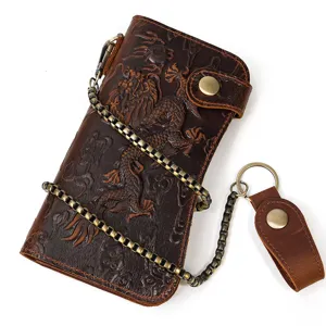 Portefeuille long homme cuir cheval fou vintage relief dragon et chaîne métal robuste