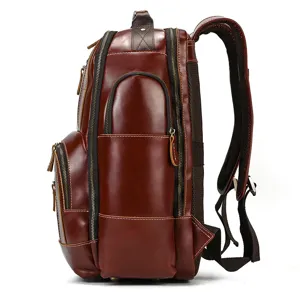 Vintage brown leather backpack for men, large capacity multi-pocket business travel daypack.