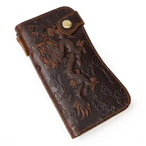 Portefeuille long pour homme en cuir véritable avec motif de dragon et fentes pour cartes.
