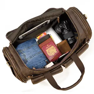 Borsa da viaggio vintage in vera pelle cavallo pazzo, grande borsone tracolla uomo.
