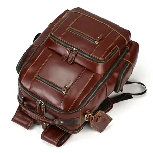Detailed view of vintage genuine leather men backpack, multiple pockets, large capacity daily use.