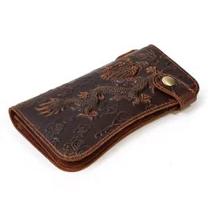 Portefeuille long vintage en cuir véritable pour homme avec motif dragon et bouton-pression.