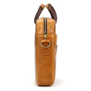 Side detail view of brown leather laptop briefcase, durable handle and metal zipper hardware.