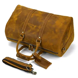Sac de voyage en cuir vintage, grand sac de sport weekender avec bandoulière réglable.