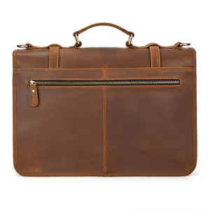 Maletín de cuero genuino vintage para hombre, bolso de hombro para portátil de cuero marrón.