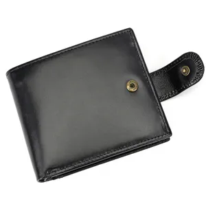 Black genuine leather short wallet for men and women with card slots and snap closure.