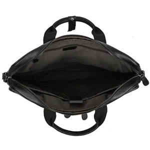 Detail view of interior compartment of black leather laptop briefcase with zipper and lining.