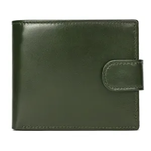 Dark green leather trifold short wallet for men and women with snap closure and card slots.