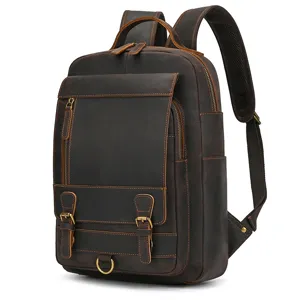 Men Vintage Genuine Leather Backpack Large Capacity Business Travel Laptop Bag Casual Retro Cowhide School Rucksack