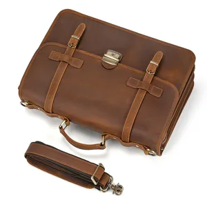 Maletín retro de cuero genuino para hombre, bolso para portátil de piel crazy horse, bandolera.