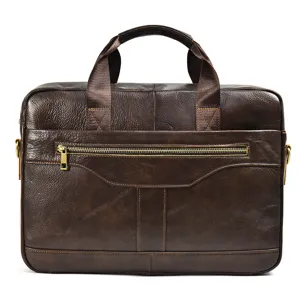 Detailed view of the dark brown genuine leather business laptop briefcase for men and office use.