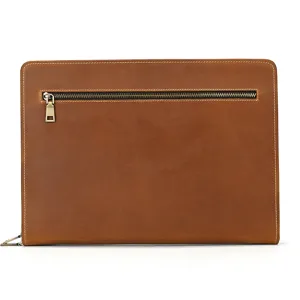 Brown leather A4 document bag detail view, zipper pocket design, business folder tablet case.