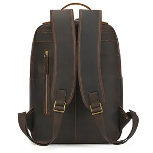 Vintage leather backpack back view detail, brown cowhide material with metal hardware buckles.