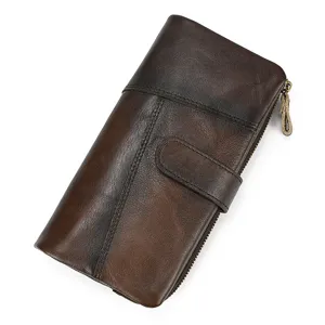 Vintage distressed leather long wallet for women men, multiple card slots secure zipper design.