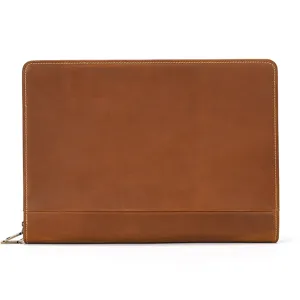 Brown leather A4 document bag detail view, premium crazy horse leather business tablet sleeve.