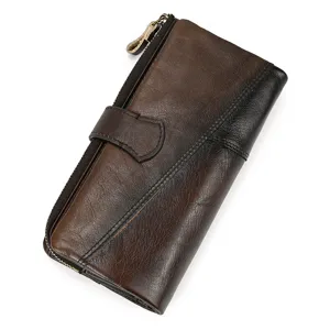 Detailed view of the vintage rubbed-color leather long wallet, featuring multi-card slots.