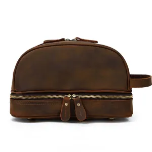 Vintage genuine leather toiletry bag for men, double zipper crazy horse leather cosmetic clutch.