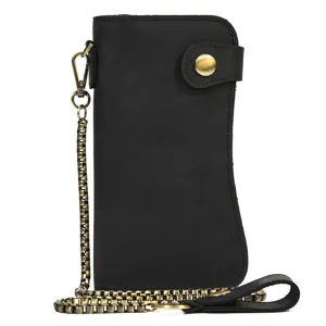 Portefeuille long en cuir véritable noir pour homme avec chaîne en métal style vintage