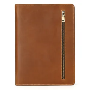 Detailed view of brown leather A4 business folder portfolio and tablet protective sleeve.