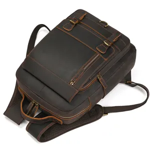 Vintage crazy horse leather backpack for men, large capacity brown cowhide travel rucksack.