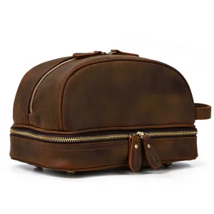 Vintage genuine leather double-layer dopp kit, durable brown cosmetic and travel bag.