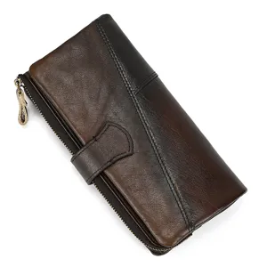 Vintage distressed genuine leather long wallet for men women fashion patchwork card holder