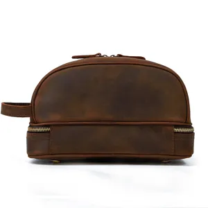 Retro genuine crazy horse leather travel toiletry bag, double layer zipper wash makeup organizer.