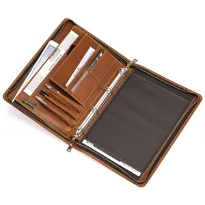 Genuine leather A4 document folder business organizer with ring binder and pen slots for men