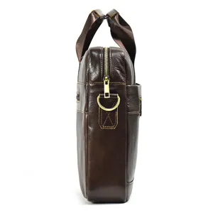 Men genuine leather briefcase side view, casual business laptop shoulder bag detail.