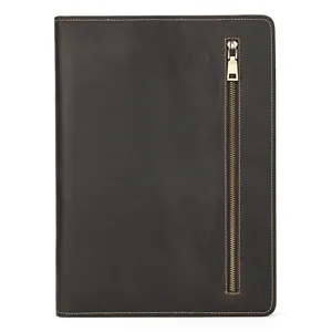 Genuine leather A4 business document portfolio bag detail view in dark brown crazy horse leather.