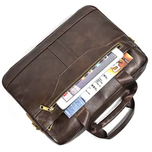 Genuine leather men briefcase detail showing front zipper pocket with tablet and document storage.