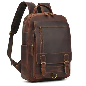 Vintage genuine leather backpack for men, large capacity retro casual travel daypack rucksack.
