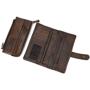 Close-up view of genuine leather long wallet interior with multiple card slots and zipper pocket.