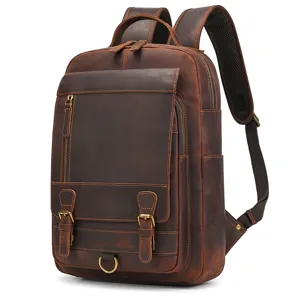 Vintage crazy horse leather backpack for men, large capacity brown cowhide travel school bag.