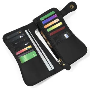 Portefeuille long multi-cartes en cuir véritable noir pour homme avec poche zippée.