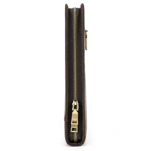 Side detail view of genuine leather document folder, showcasing durable metal zipper and slim profile.