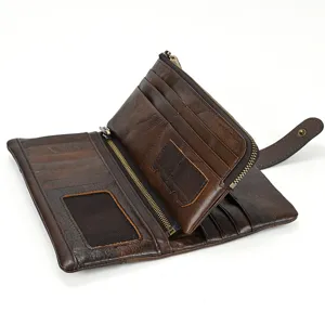 Detailed view of dark brown vintage genuine leather long wallet with multiple card slots and zip.