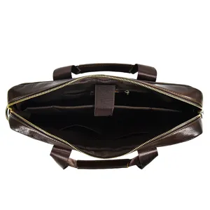 Detailed interior view of a brown leather business briefcase with multiple compartments.
