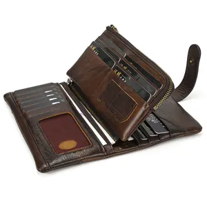 Vintage genuine leather long wallet for men women brown multi card slots zipper coin purse.